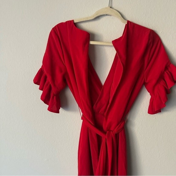 Privacy Please X Revolve Red Ruffle Sleeve V-neck Belted Maxi Dress Holiday XS - Picture 11 of 14